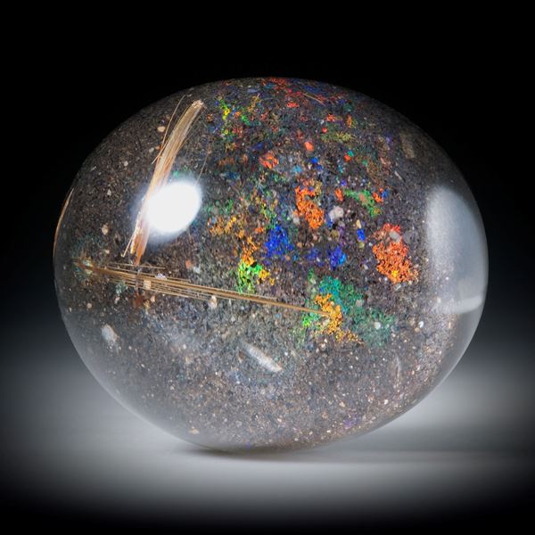 Honduras Opal mit Rutilquarz doublettiert 127.05ct.  grosser ovaler Cabochon, hoch geschliffen und poliert ca.36.5x32x16mm
