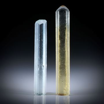 Beryll Kristall Paar 40.78ct. Goldberyll und Heliodor ca.50x8x5.5mm und 42x7.5x6mm