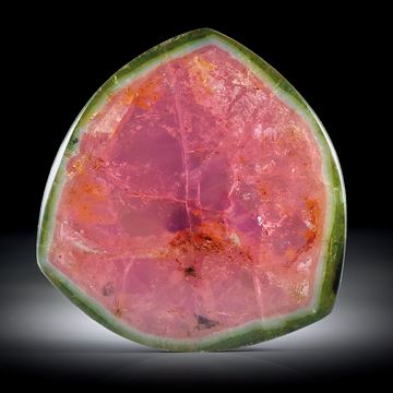 Turmalin Dünnschliff, kombiniert mit Bergkristall und Perlmutter, natürliche Aussenform mit Farbabgrenzung ca.32x31x5mm